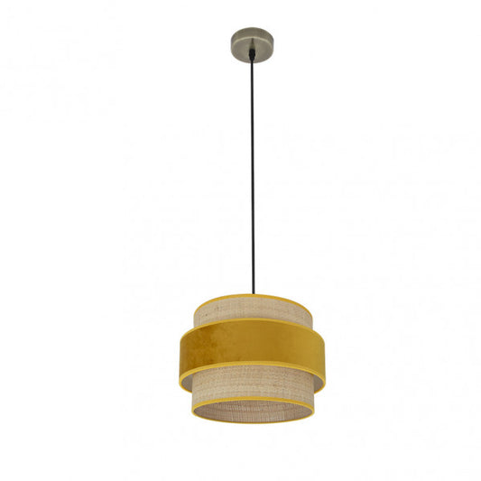 Lámpara colgante Reyes de Abrila con 1xE27, diseño en cuero natural yema de 30 cm, iluminación moderna interior con estructura metálica y textil para decoración doméstica.