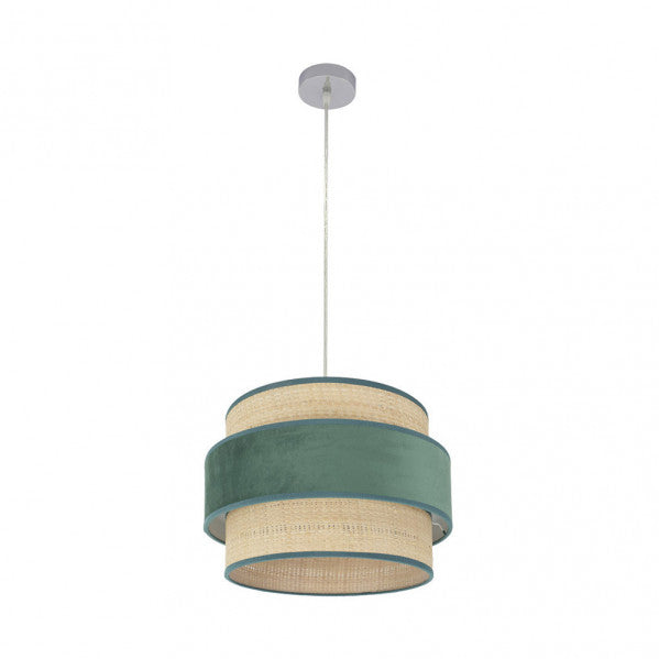 Colgante Reyes 1xE27 en cromo con detalles natural-verde de 40cm, lámpara colgante moderna de Abrila para decoración interior doméstica, iluminación estilo AI2 con casquillo E27 y materiales metal-textil (modelo 177494006)