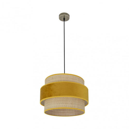 Colgante de iluminación Reyes de Abrila con base metálica y pantalla textil en cuero natural-yema, diseño de 40x40 cm para 1 bombilla E27, ideal para decoración interior doméstica moderna.