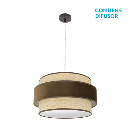 Colgante Reyes 2xE27 en marrón natural de 50cm de Abrila, lámpara colgante de metal y textil para iluminación interior difusa, ideal para decoración doméstica con casquillo E27, referencia 177495002.