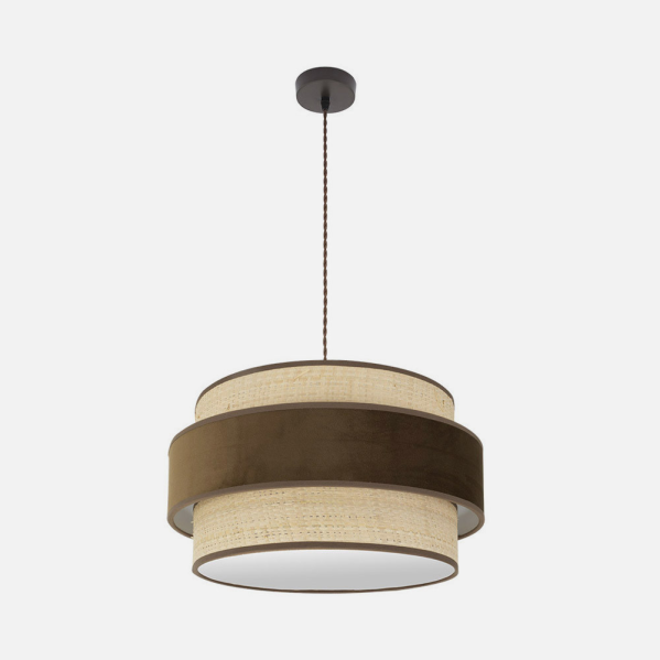 Colgante de iluminación interior Reyes de Abrila, modelo 2xE27 en acabado marrón natural, diámetro 50cm, diseño textil y metal para luz difusa en decoración doméstica