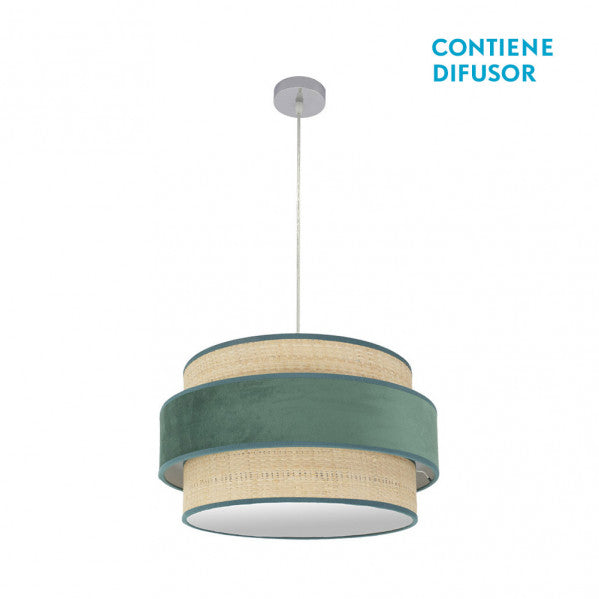 Colgante Reyes 2xE27 en cromo, natural y verde de 50x50 cm de Abrila (177495006), lámpara moderna de metal y textil para decoración interior doméstica