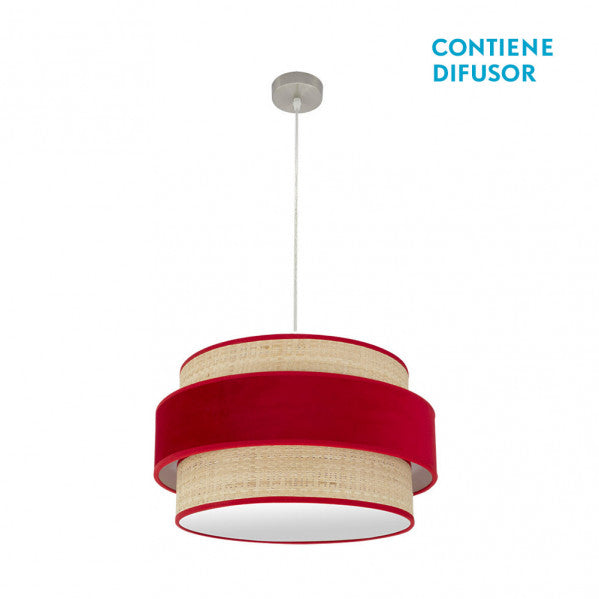 Colgante de luz Reyes de Abrila en níquel y natural-rojo, modelo 2xE27 de 50cm con textil para iluminación difusa en decoración interior doméstica, referencia 177495007