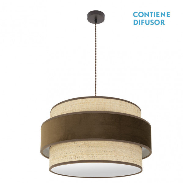 Colgante Reyes 3xE27 en marrón y natural de Abrila, lámpara moderna de 60 cm con estructura metálica y detalles textiles para iluminación general interior y decoración doméstica.