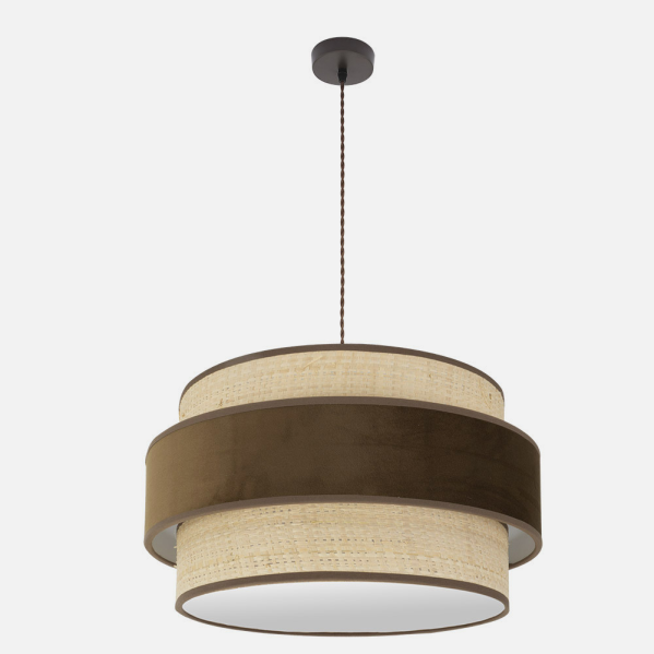 Colgante Reyes 3xE27 de Abrila en acabado marrón natural, lámpara moderna de metal y textil para iluminación general interior, diseño doméstico de 60 cm ideal para decoración.