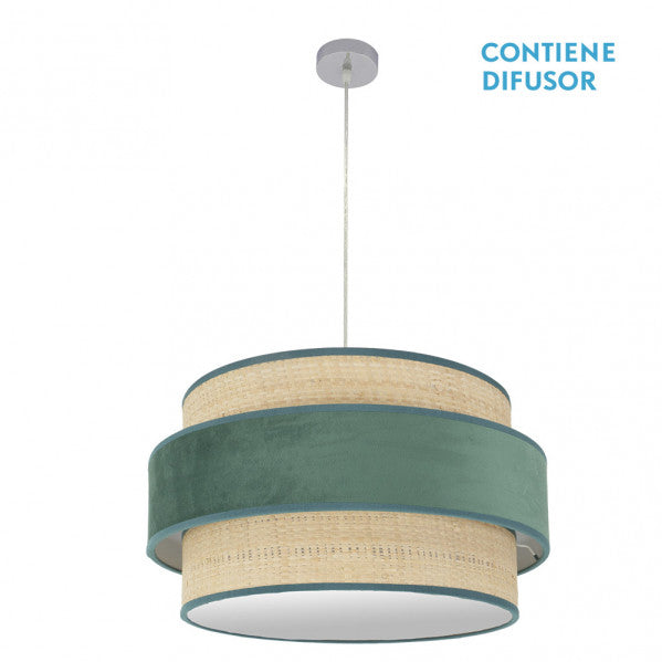 Lámpara colgante moderna Reyes de Abrila en acabado cromo/natural-verde, diseño de 60 cm con 3 casquillos E27 para luz difusa, ideal para decoración de interiores domésticos en metal y textil.