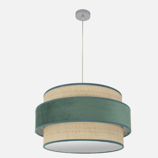 Lámpara colgante moderna Reyes de Abrila en acabado cromo natural-verde, diámetro 60cm, 3xE27 para luz difusa, diseño en metal y textil ideal para decoración de interiores domésticos.