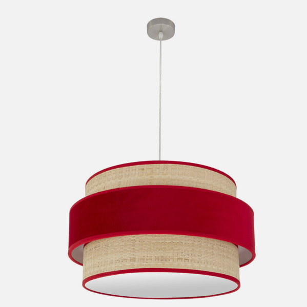 Colgante Reyes de Abrila en níquel con acabado natural-rojo, 3 bombillas E27, diseño textil de 60x60 cm para iluminación interior y decoración doméstica moderna