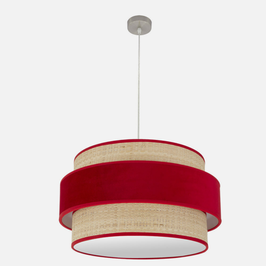 Colgante Reyes de Abrila en níquel con acabado natural-rojo, 3 bombillas E27, diseño textil de 60x60 cm para iluminación interior y decoración doméstica moderna