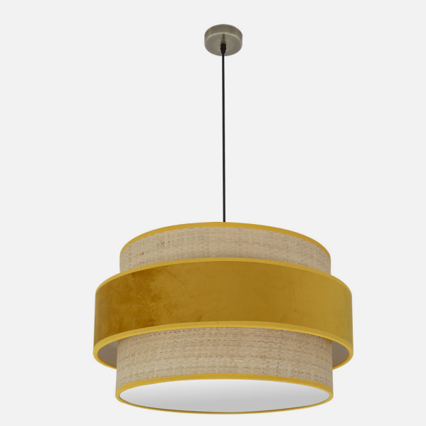 Colgante Reyes 3xE27 en cuero natural y yema de 60cm de Abrila, lámpara colgante moderna de iluminación interior con luz difusa para decoración doméstica en metal y textil