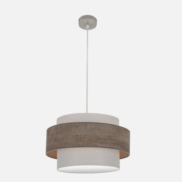 Colgante Myriam en níquel y madera gris de 50 cm, lámpara moderna de Abrila para iluminación interior en salón o dormitorio, diseño colgante con textil y metal para decoración doméstica.