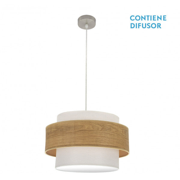 Colgante Myriam de Abrila en níquel y madera clara, diseño moderno 50x50 cm con 2 casquillos E27 para iluminación interior doméstica, lámpara colgante ideal para decoración de interiores con textil y metal.