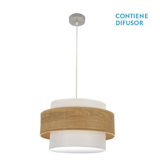 Colgante Myriam de Abrila en níquel y madera clara, diseño moderno 50x50 cm con 2 casquillos E27 para iluminación interior doméstica, lámpara colgante ideal para decoración de interiores con textil y metal.