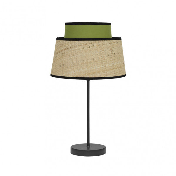Lámpara sobremesa Jia de Abrila en acabado natural y verde, diseño moderno con 1xE14 para luz difusa, ideal para decoración de interiores domésticos en metal y textil.