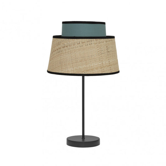 Lámpara sobremesa Jia de Abrila en acabado natural y turquesa, diseño moderno con base de metal texturizado y pantalla textil para luz difusa, ideal para decoración interior y doméstica, referencia 177771048.