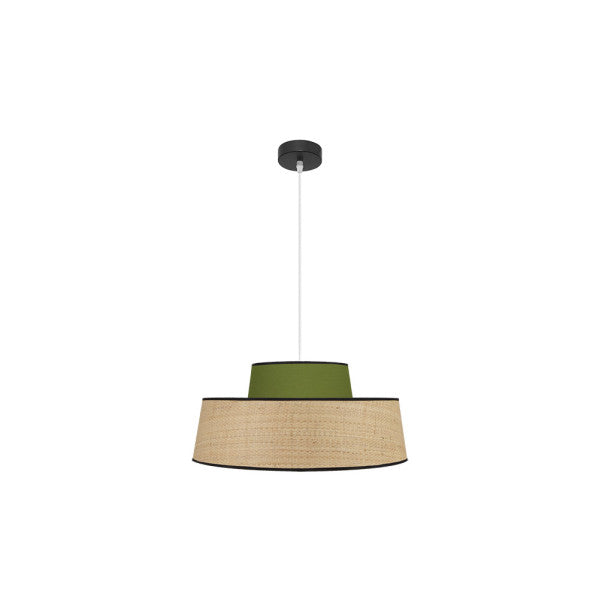 Colgante Jia moderno de Abrila en acabado natural y verde, diseño textil con 1 casquillo E27 para bombillas LED, altura 50cm, ideal para iluminación interior y decoración doméstica contemporánea.