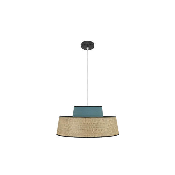 Lámpara colgante Jia de Abrila en acabado natural y turquesa, diseño moderno de 50 cm con estructura de metal textil, ideal para iluminación interior del hogar y decoración doméstica.