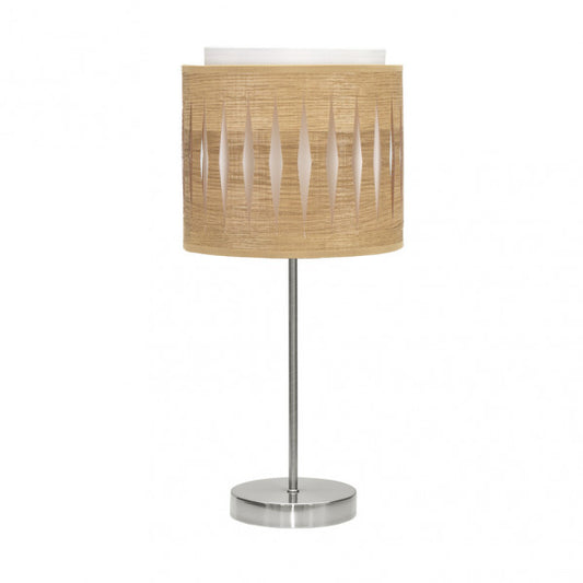 Lámpara de sobremesa Alexandra en níquel y madera clara de Abrila, diseño étnico moderno con luz difusa E14, ideal para iluminación doméstica y decoración interior con metal y textil.