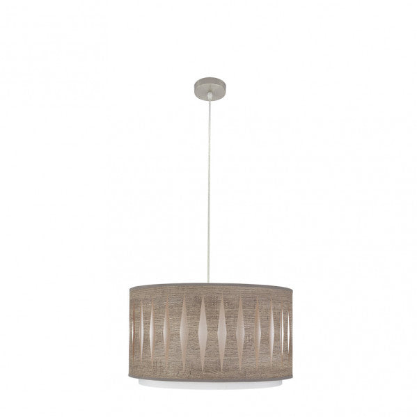 Colgante Alexandra de níquel y madera gris de 40 cm, lámpara etnica moderna de Abrila para iluminación interior y decoración doméstica en estilo textil y metal.
