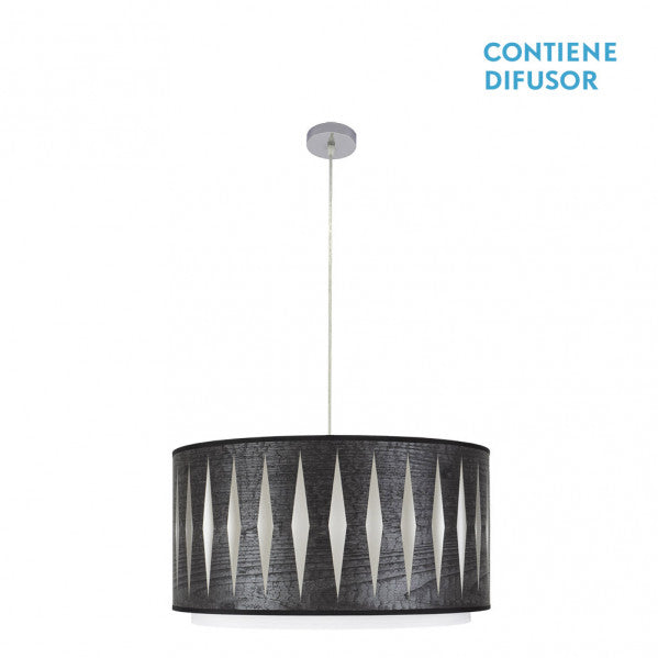 Colgante Alexandra de Abrila, lámpara colgante moderna étnica de 50x50 cm en cromo y madera negra con 2xE27, ideal para iluminación interior doméstica y decoración contemporánea en metal y textil.