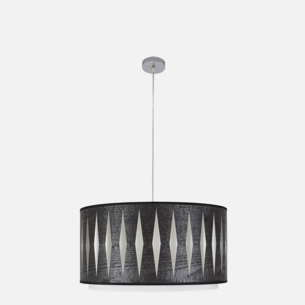 Lámpara colgante Alexandra de Abrila en cromo y madera negra, diseño moderno étnico 50x50 cm con 2 casquillos E27, ideal para iluminación interior doméstica y decoración con metal textil.