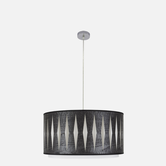 Lámpara colgante Alexandra de Abrila en cromo y madera negra, diseño moderno étnico 50x50 cm con 2 casquillos E27, ideal para iluminación interior doméstica y decoración con metal textil.