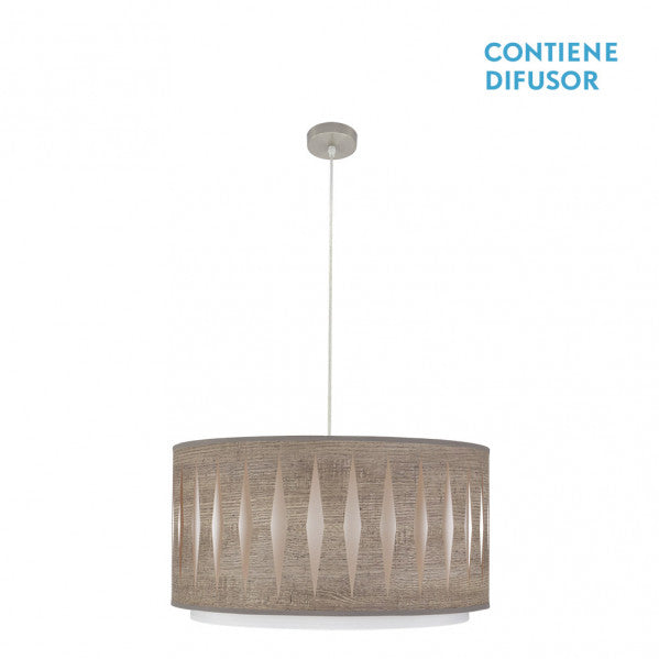 Lámpara colgante Alexandra de Abrila en níquel y madera gris, diseño moderno étnico de 50x50 cm con 2xE27, ideal para iluminación interior doméstica y decoración textil con metal.