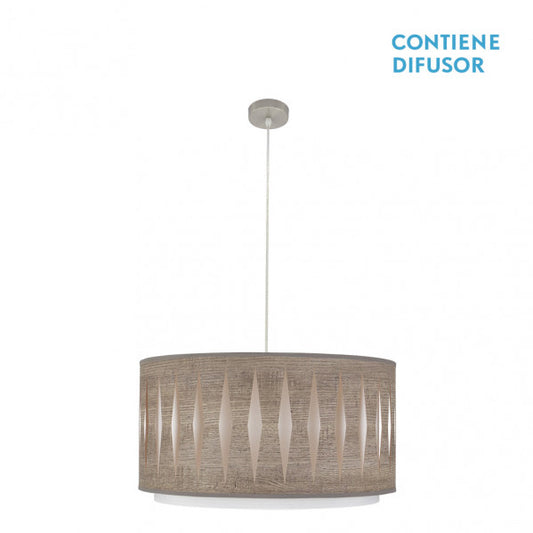 Lámpara colgante Alexandra de Abrila en níquel y madera gris, diseño moderno étnico de 50x50 cm con 2xE27, ideal para iluminación interior doméstica y decoración textil con metal.