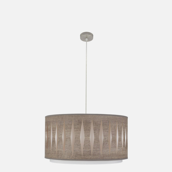 Colgante Alexandra de Abrila en níquel y madera gris, diseño moderno étnico de 50x50 cm con 2 casquillos E27, ideal para iluminación interior y decoración doméstica con toques textil y metal.