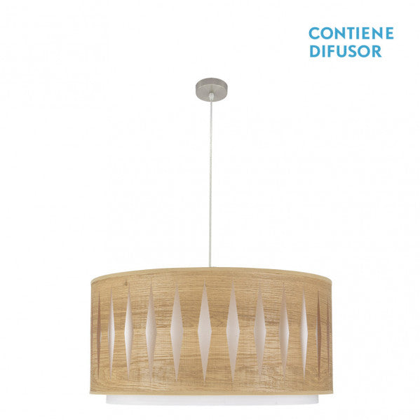 Colgante moderno Alexandra con 3 casquillos E27 en acabado níquel y madera clara, ideal para iluminación interior difusa y decoración doméstica de Abrila (referencia 177896085).