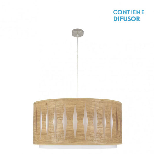 Colgante moderno Alexandra con 3 casquillos E27 en acabado níquel y madera clara, ideal para iluminación interior difusa y decoración doméstica de Abrila (referencia 177896085).