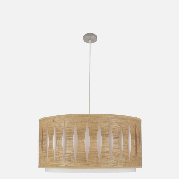 Colgante moderno Alexandra de Abrila con base en níquel y madera clara, 3 casquillos E27 para luz difusa, ideal para decoración interior doméstica con diseño textil y metal.