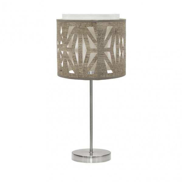 Lámpara sobremesa Katerina de Abrila en níquel y madera gris, diseño moderno con luz difusa y pantalla textil para iluminación doméstica y decoración interior.