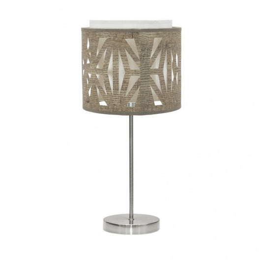 Lámpara sobremesa Katerina de Abrila en níquel y madera gris, diseño moderno con luz difusa y pantalla textil para iluminación doméstica y decoración interior.