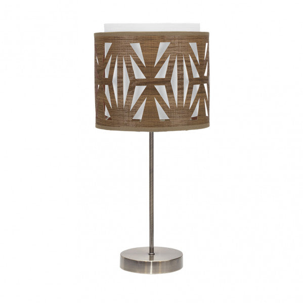 Lámpara sobremesa Katerina de Abrila con base de cuero y madera oscura, diseño moderno de metal y textil, iluminación interior doméstica elegante, modelo 1xE14, 177971084.