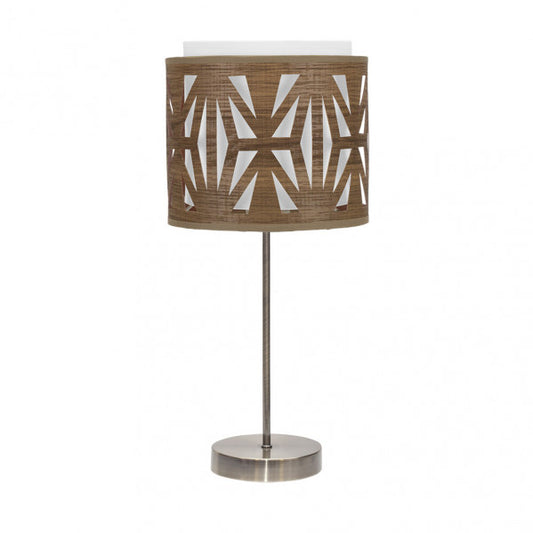 Lámpara sobremesa Katerina de Abrila con base de cuero y madera oscura, diseño moderno de metal y textil, iluminación interior doméstica elegante, modelo 1xE14, 177971084.