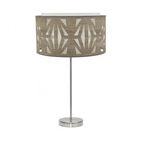 Lámpara de sobremesa Katerina en níquel y madera gris de Abrila, diseño moderno con luz difusa y textil metálico para iluminación hogareña y decoración interior.