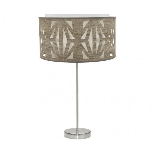 Lámpara de sobremesa Katerina en níquel y madera gris de Abrila, diseño moderno con luz difusa y textil metálico para iluminación hogareña y decoración interior.