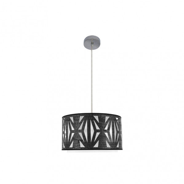 Colgante Katerina en cromo y madera negra de 40 cm, lámpara moderna de Abrila con diseño calado en metal y textil para decoración interior doméstica.