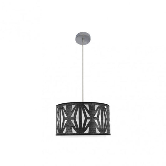 Colgante Katerina en cromo y madera negra de 40 cm, lámpara moderna de Abrila con diseño calado en metal y textil para decoración interior doméstica.