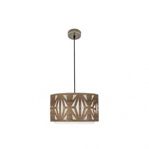 Lámpara colgante Katerina de Abrila, diseño moderno en cuero y madera oscura de 40 cm, con 1 casquillo E27, ideal para iluminación interior del hogar y decoración doméstica en metal y textil.