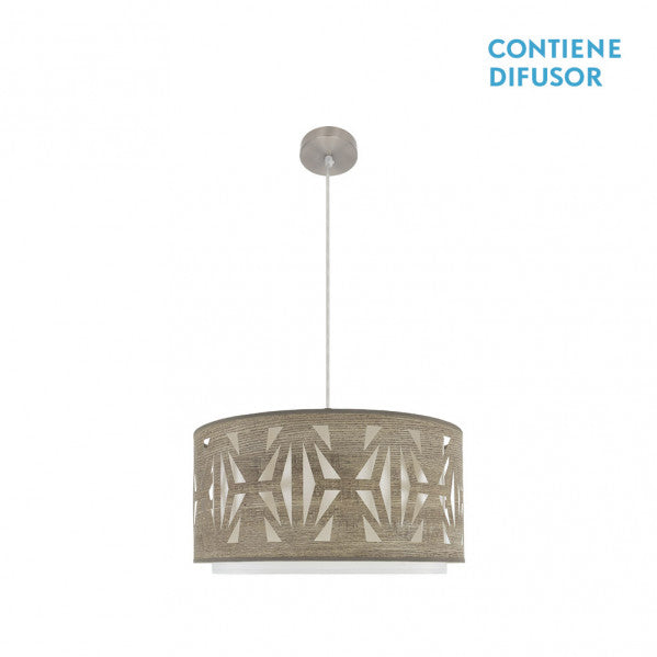 Colgante Katerina de Abrila con 2xE27 en níquel y madera gris, diámetro 50cm, lámpara moderna de luz difusa para decoración interior doméstica con detalles en metal y textil
