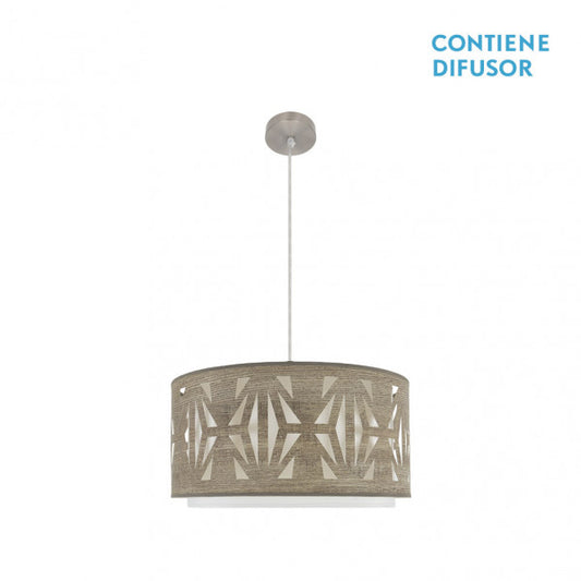 Colgante Katerina de Abrila con 2xE27 en níquel y madera gris, diámetro 50cm, lámpara moderna de luz difusa para decoración interior doméstica con detalles en metal y textil