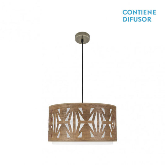 Colgante Katerina de Abrila en cuero y madera oscura, 50 cm, diseño moderno de iluminación interior con luz difusa y detalles en metal textil para decoración doméstica.