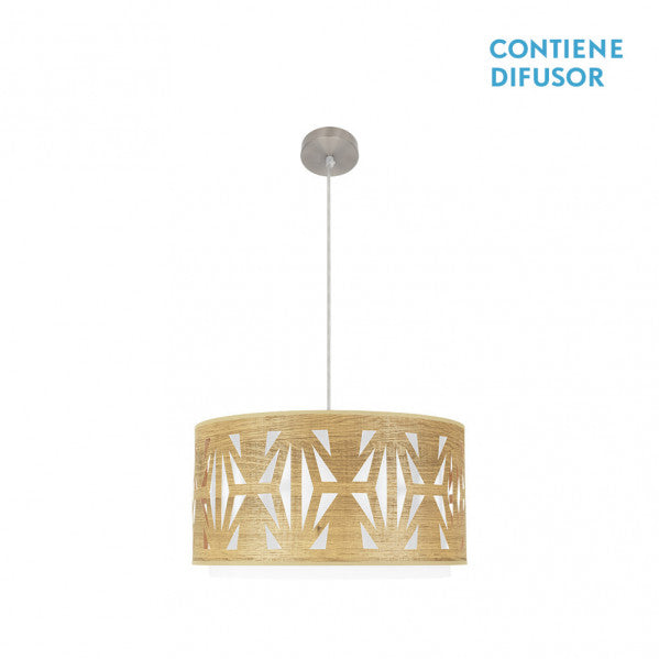 Colgante Katerina de Abrila en níquel y madera clara, lámpara colgante moderna 2xE27 de 50x50 cm con pantalla textil para decoración interior doméstica, referencia 177995085