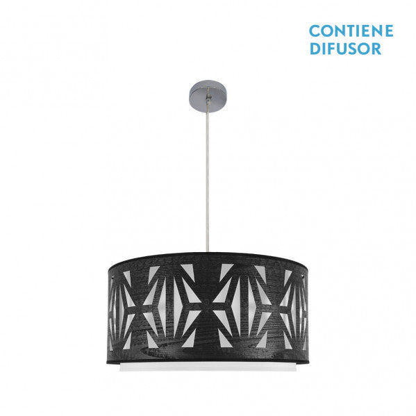 Colgante Katerina 3xE27 en cromo y madera negra de Abrila, lámpara colgante moderna para iluminación interior del hogar con luz difusa y diseño en textil y metal