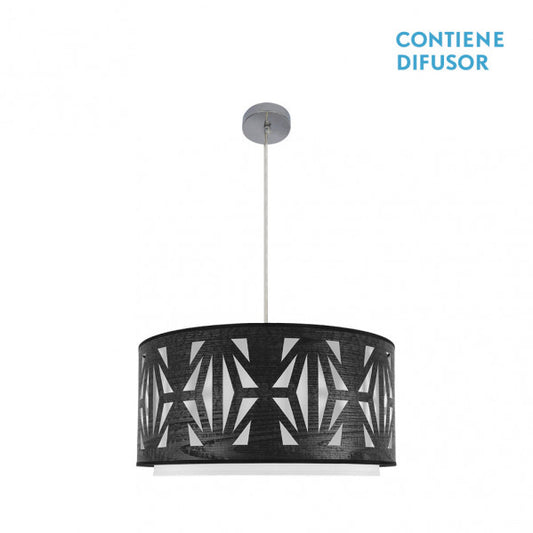 Colgante Katerina 3xE27 en cromo y madera negra de Abrila, lámpara colgante moderna para iluminación interior del hogar con luz difusa y diseño en textil y metal