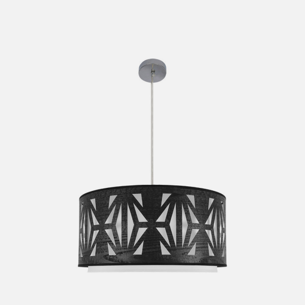 Colgante Katerina 3xE27 en cromo y madera negra de Abrila, lámpara colgante moderna para iluminación del hogar con luz difusa y diseño interior en metal y textil