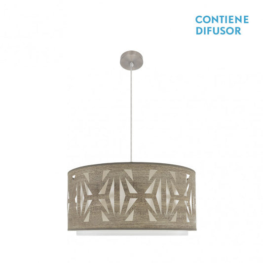 Colgante Katerina de Abrila en níquel y madera gris, diseño moderno de 60 cm con 3 casquillos E27, ideal para iluminación interior y decoración del hogar.