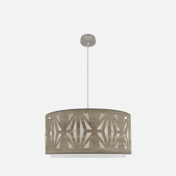 Colgante Katerina de Abrila en níquel y madera gris, diseño moderno de 60 cm con 3 bombillas E27, ideal para iluminación interior y decoración del hogar con estilo textil y metálico.